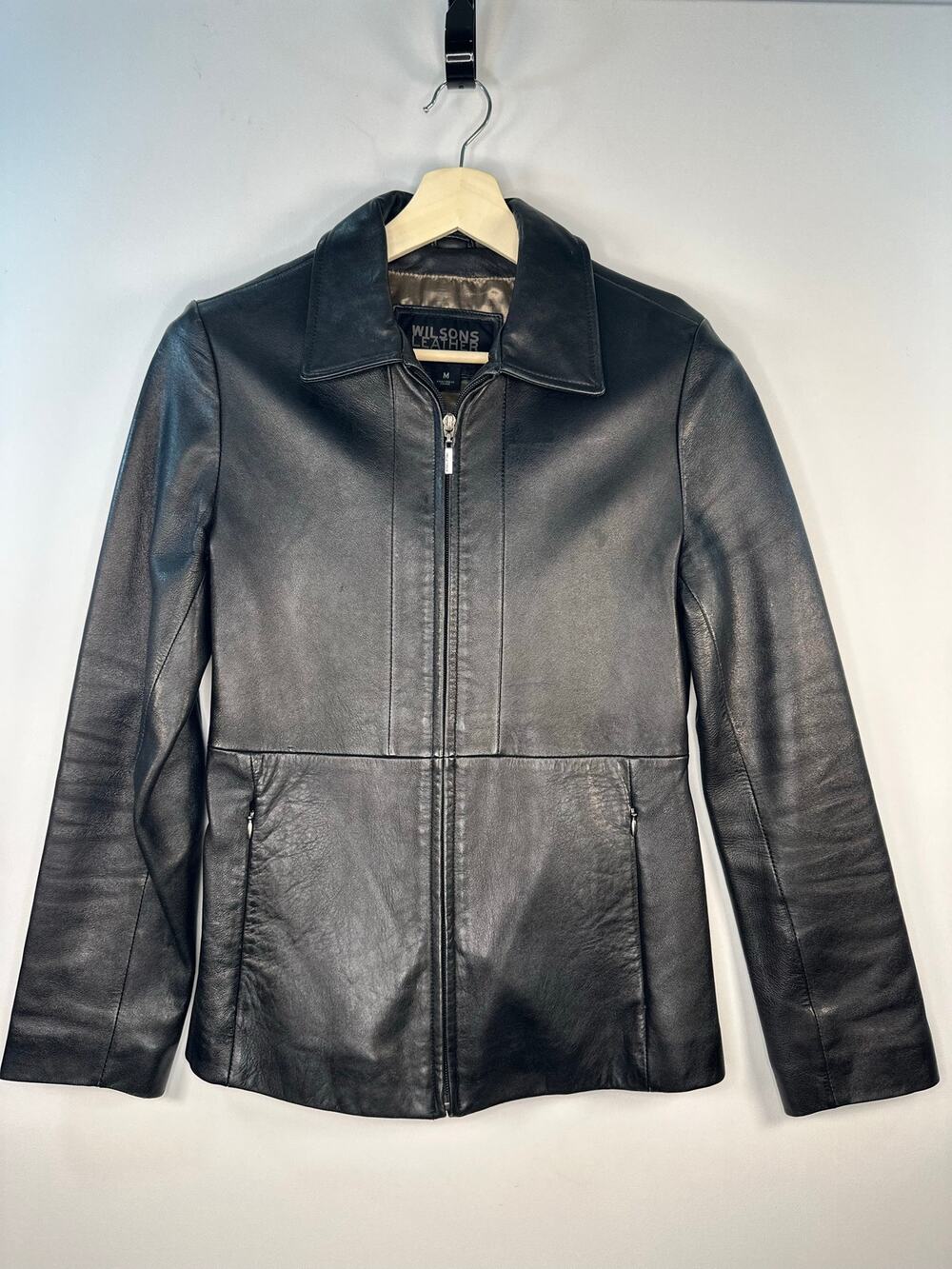 Wilson’s Leather Pelle Studio Black Leather Blazer Jacket Zip Front Size Medium